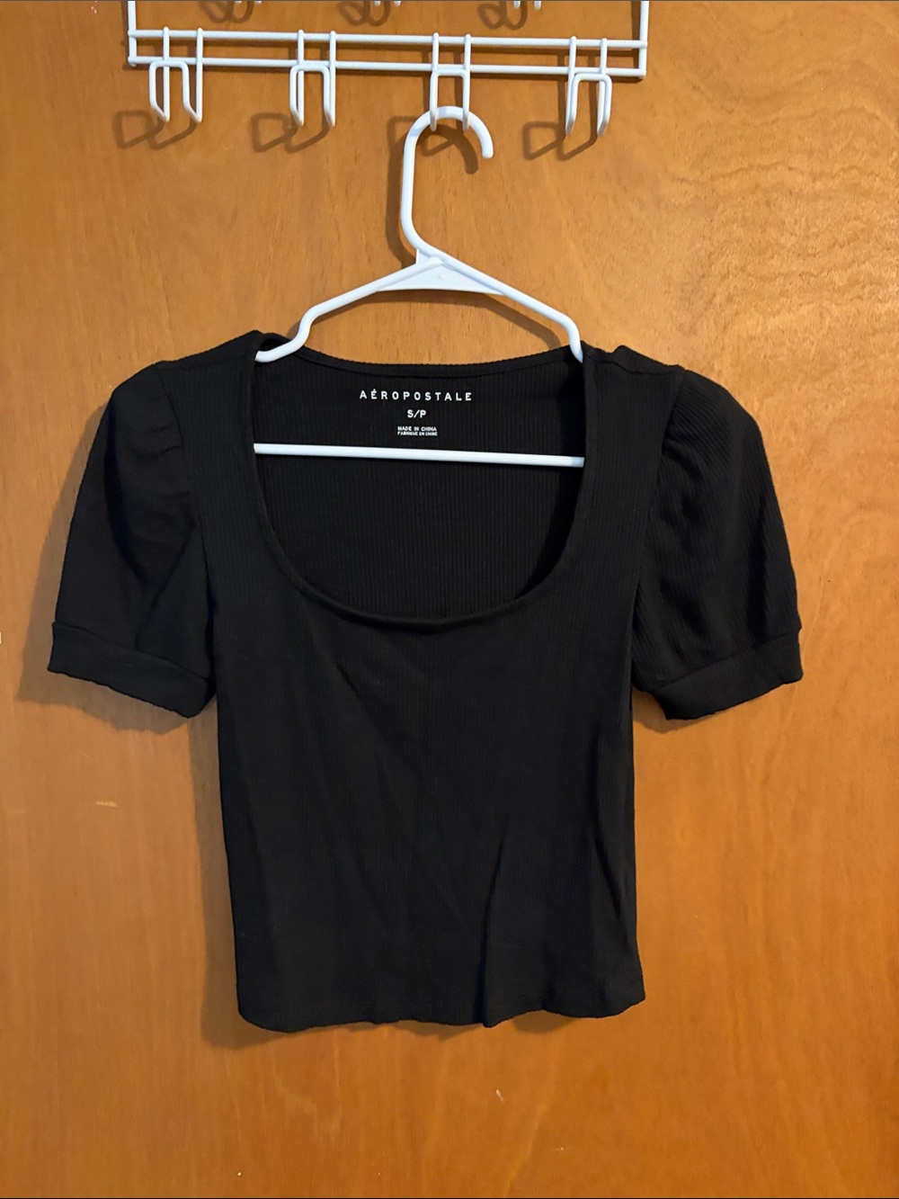 Aeropostale Black Ribbed Scoop-Neck Crop Top with Puff Sleeves